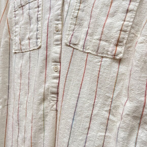 Merona Striped Rainbow 100% Cotton White Tunic Top Long Sleeve Pocket Buttons - Picture 7 of 11